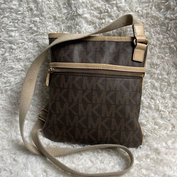 Michael Kors Monogram brown coated canvas tan leather trim small crossbo… - Picture 1 of 15
